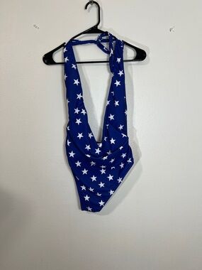 Women's Blue Star Print Halter One-Piece Swimsuit